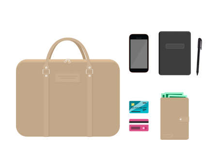 Briefcase and accessories on white background. Clipart. Cartoon flat style. Vector illustrationのイラスト素材