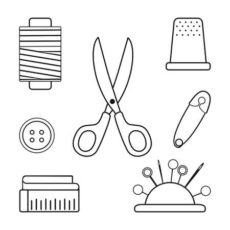 Set of sewing tools isolated on white background. Linear cartoon style. Vector illustrationのイラスト素材