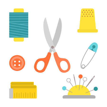 Set of sewing tools isolated on white background. Cartoon flat style. Vector illustrationのイラスト素材
