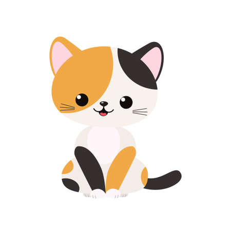 Cute tricolor kawaii cat sitting isolated on white background. cartoon flat style. vector illustrationのイラスト素材