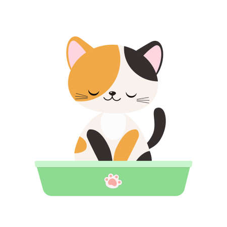 Cute tricolor kawaii cat in toilet on white background. cartoon flat style. vector illustrationのイラスト素材