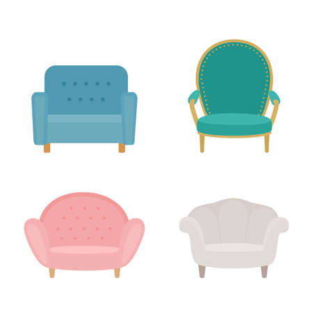 Set of soft armchairs in different colors. home interior conceptのイラスト素材