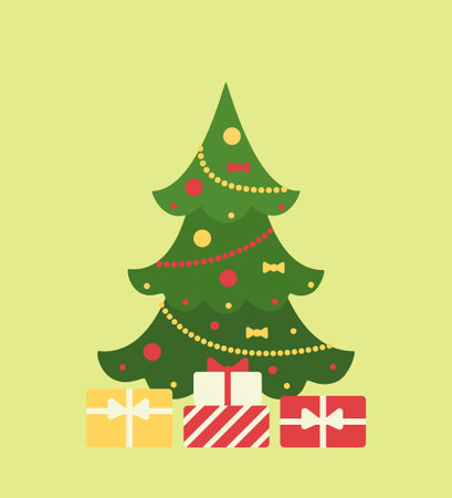 Christmas tree decorated with garlands, with gifts. cartoon flat style. vector illustrationのイラスト素材