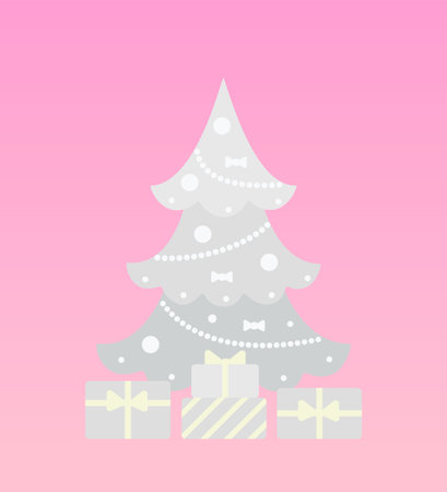 Christmas tree in silver color, decorated with garlands, with gifts isolated on pink background. cartoon flat style. vector illustrationのイラスト素材