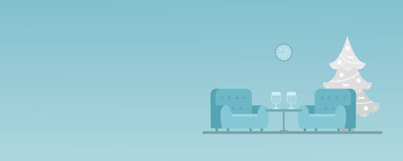 Christmas tree in silver color with two cozy armchairs on blue background. copyspace. Place for your text. cartoon flat style. vector illustrationのイラスト素材