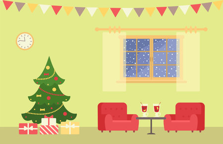 Christmas tree, two cozy three-quarter armchairs and glasses of mulled wine on coffee table. home interior concept. cartoon flat style. vector illustrationのイラスト素材
