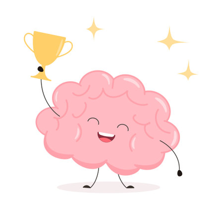 Cute brain with winner cup. Funny kawaii human brain character. cartoon flat style. illustrationの写真素材