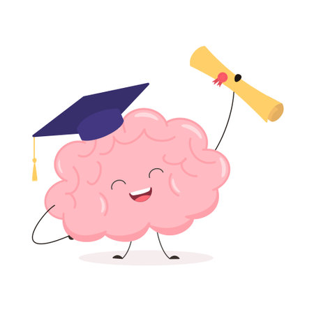 Cute brain in graduation cap with diploma. Kawaii funny human brain character. cartoon flat style. illustrationの写真素材