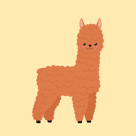 Cute llama isolated on beige background. Funny kawaii alpaca character. cartoon flat style. illustrationの写真素材