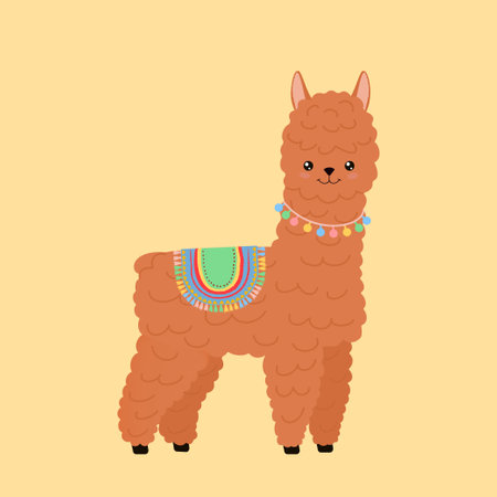 Funny llama isolated on gray background. Cute kawaii alpaca character. cartoon flat style. illustrationの写真素材