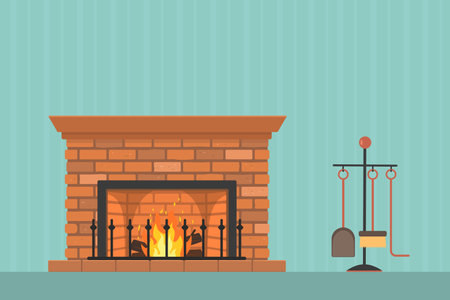 Retro fireplace with accessories on wall background. home interior concept. vector illustration. cartoon flat styleのイラスト素材