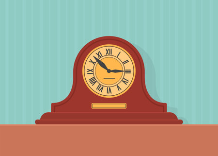 Wooden retro mantel clock on wall background. home interior concept. vector illustration. cartoon...