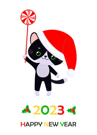 Cute black cat in Christmas hat with Christmas candy. Happy New Year. 2023. Cartoon flat style. vector illustrationのイラスト素材
