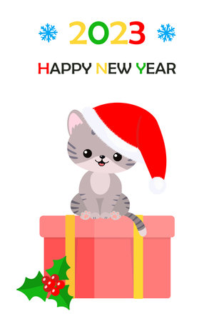 Cute cat in Christmas hat sits on gift box. 2023. Happy New Year. cartoon flat style. vector illustrationのイラスト素材
