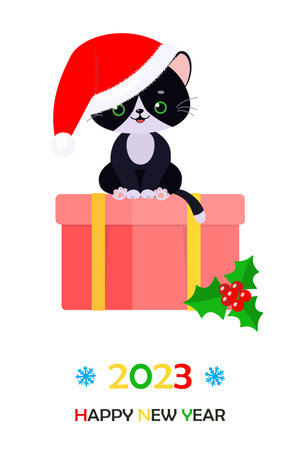 Cute black cat in Christmas hat sits on gift box. Happy New Year. 2023. Cartoon flat style. vector illustrationのイラスト素材