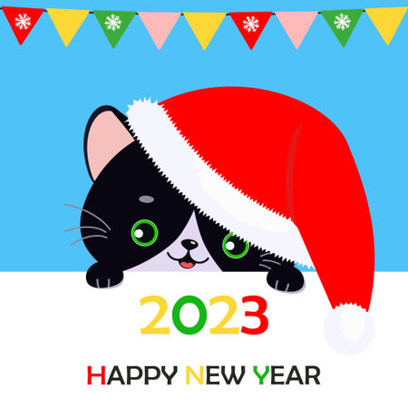 Cute black cat in Christmas hat with sign Happy New Year. 2023. Vector illustration. cartoon flat styleのイラスト素材