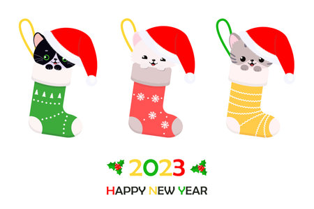 Set of cute cats in Christmas hats sitting in Christmas stockings. 2023. Happy New Year. cartoon flat style. vector illustrationのイラスト素材