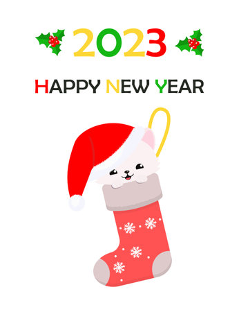 Cute cat in Christmas hat sits in Christmas stocking. 2023. Happy New Year. vector illustration. cartoon flat styleのイラスト素材