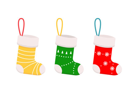 Set of Christmas stockings isolated on white background. cartoon flat style. vector illustrationのイラスト素材