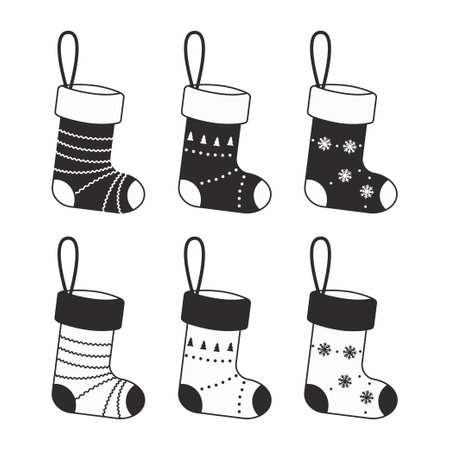 Set of Christmas stockings in black and white colors. cartoon flat style. vector illustrationのイラスト素材