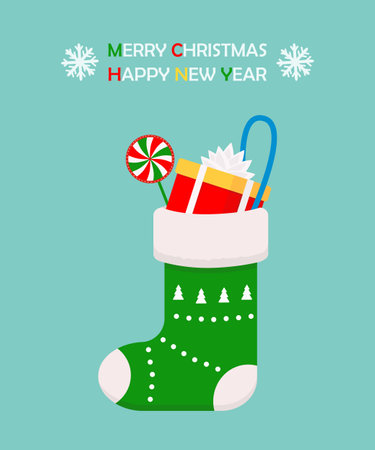 Christmas stocking with gift on blue background. vector illustration. cartoon flat styleのイラスト素材