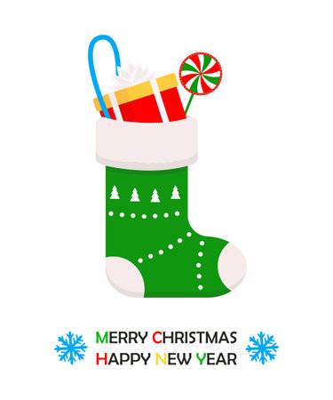 Christmas stocking with gift on white background. vector illustration. cartoon flat styleのイラスト素材