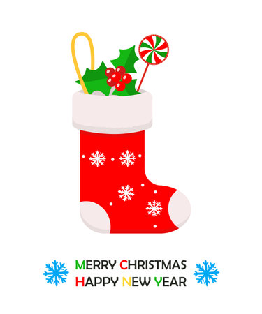 Christmas stocking with gift on white background. vector illustration. flat cartoon styleのイラスト素材