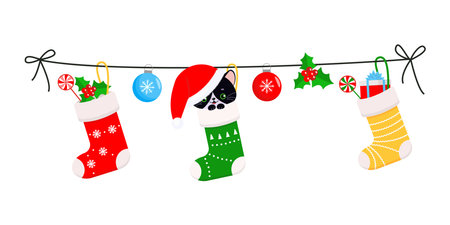 Set of Christmas stockings with gifts on white background. cartoon flat style. vector illustrationのイラスト素材