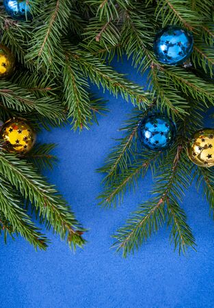 Christmas tree branches with balls. Texture and background for New Year and Christmas.の写真素材