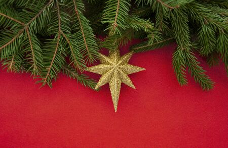 Texture and background for New Year and Christmas.Golden star and Christmas tree branches on a red background.の写真素材