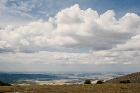 Mountains in the Crimea. Beautiful blue sky and large white clouds. Autumn.の写真素材