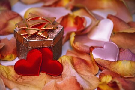 Gift hearts on a background of rose petals. Valentine's Dayの写真素材