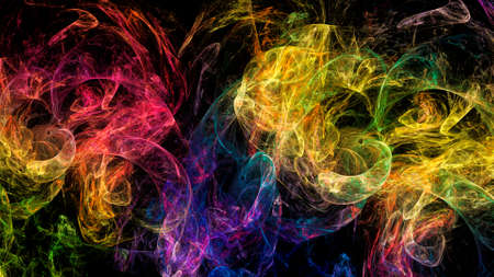 Abstract neon fractal pattern in the form of smoke on a dark background and is suitable for use in projects of imagination, creativity and design.の写真素材