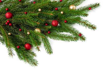 Christmas branch of a natural tree with red and gold balls on a white background close-up. Isolate.の写真素材