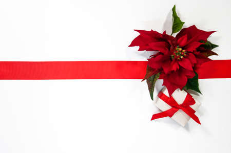 Christmas decorations poinsettia and gift boxes on white backgroundの写真素材