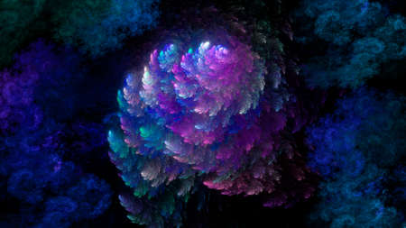 Abstract space illustration of blue and pink clouds and fractal stars on black background. Used for design and creativity, for screensavers.の写真素材