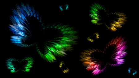 Abstract fractal multicolored neon background with butterflies. Abstract butterflies, wings, feathers. Horizontal banner. Used for design and creativity, for screensavers.の写真素材