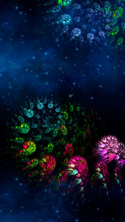 Abstract fractal fantastic space background with flowers. Vertical banner. Used for design and creativity, for screensavers.の写真素材