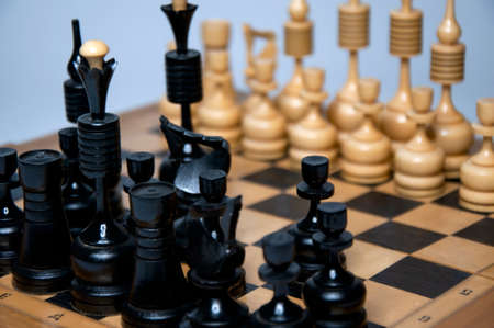Wooden chess on a board close-up. Game of chessの写真素材