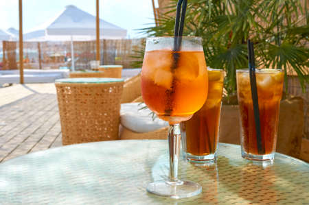 Cold drink cocktail on the beach. Summer rest