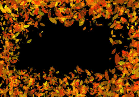 Illustration of a frame made of yellow autumn leaves on a black backgroundの写真素材