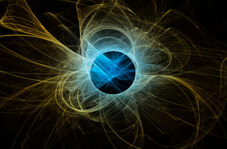 Abstract fractal background with cosmic glow. Colors yellow and blue on black background. horizontal...