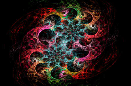 Abstract fractal background with cosmic glow. Cosmic rainbow colored flowers. horizontal banner. Used for design and creativity, for screensavers.の写真素材