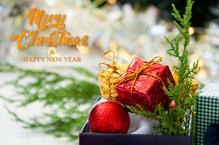 Wrapped gifts under a Christmas tree with copyspace. Christmas holiday picture with copyspace