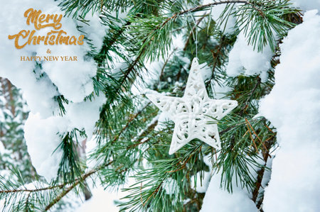 Christmas and New Year holidays background. Christmas decoration close-up on the branches of a snowy spruce in the forestの写真素材