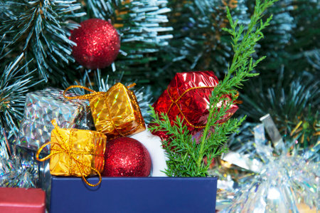Wrapped gifts under a Christmas tree with copyspace. Christmas holiday picture with copyspaceの写真素材