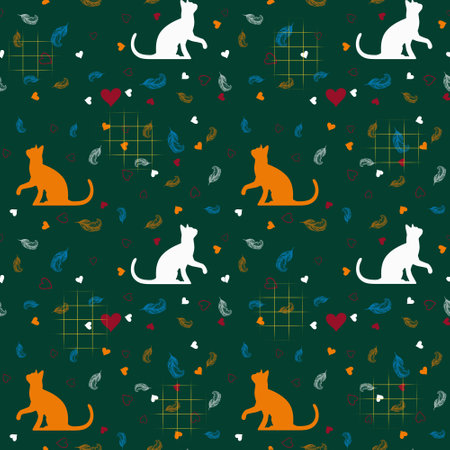 Seamless pattern with orange and white cats and hearts on a green background. For packaging, printing and decoratingの写真素材