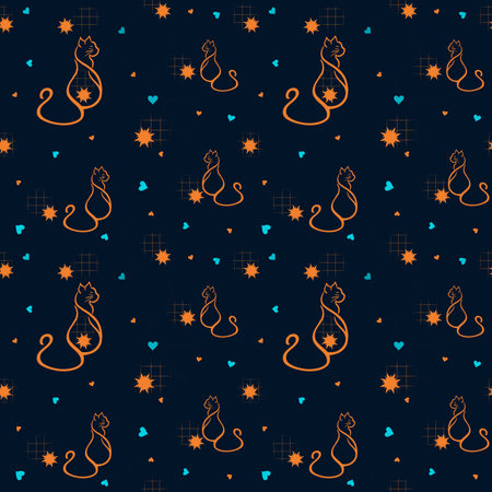 Seamless pattern with orange cats and blue hearts on a navy blue background. For packaging, printing and decoratingの写真素材
