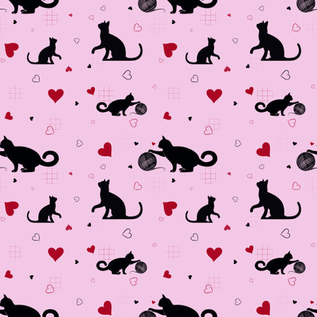 Seamless pattern with black cats and red hearts on a pink background. For packaging, printing and decoratingの写真素材
