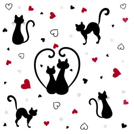 Seamless pattern with black cats and red hearts on white background. Lovers. Valentine's Day.の写真素材